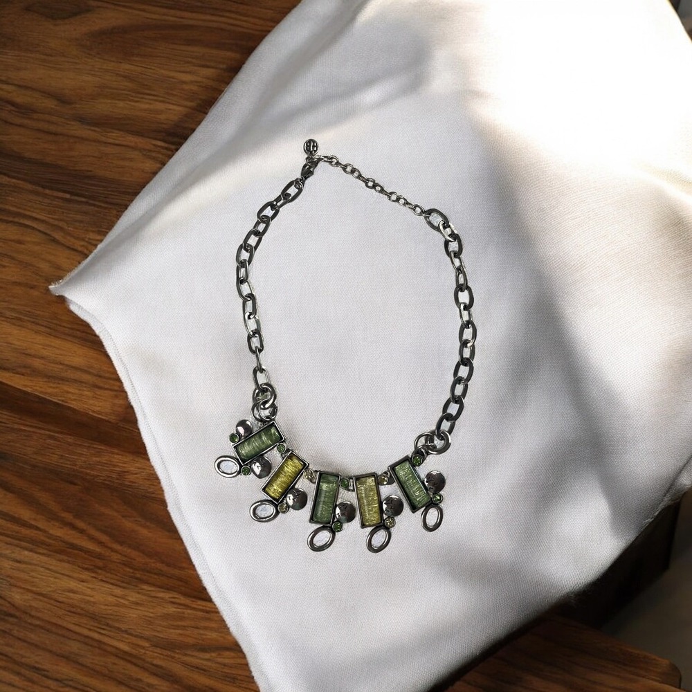 Statement Necklace Green Yellow Silver‎ Tone Modern Fashion Jewelry Women